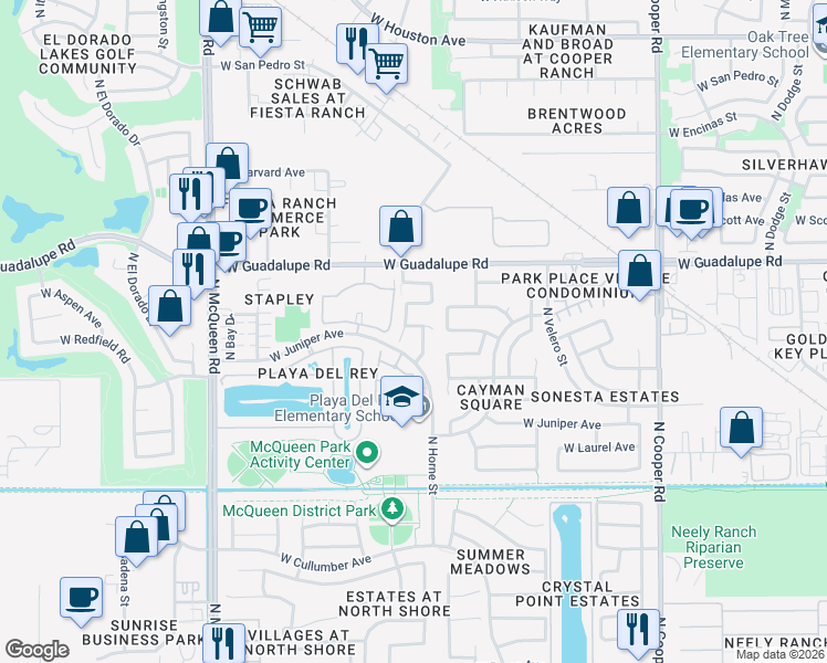 map of restaurants, bars, coffee shops, grocery stores, and more near 647 North Horne Street in Gilbert