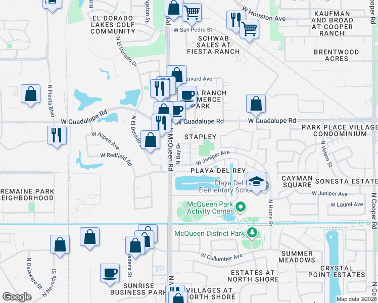 map of restaurants, bars, coffee shops, grocery stores, and more near 665 Bay Drive in Gilbert