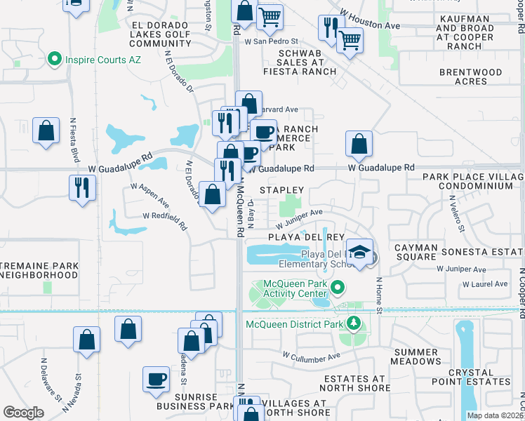 map of restaurants, bars, coffee shops, grocery stores, and more near 665 Bay Drive in Gilbert