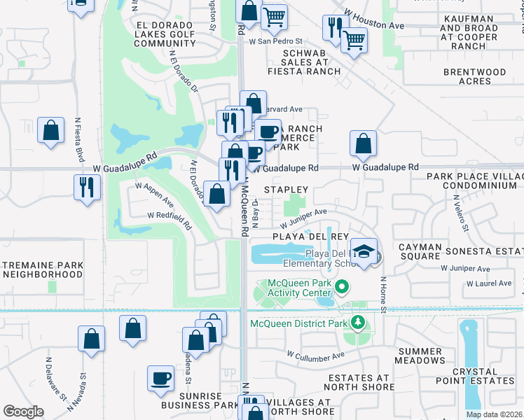 map of restaurants, bars, coffee shops, grocery stores, and more near 665 Bay Drive in Gilbert
