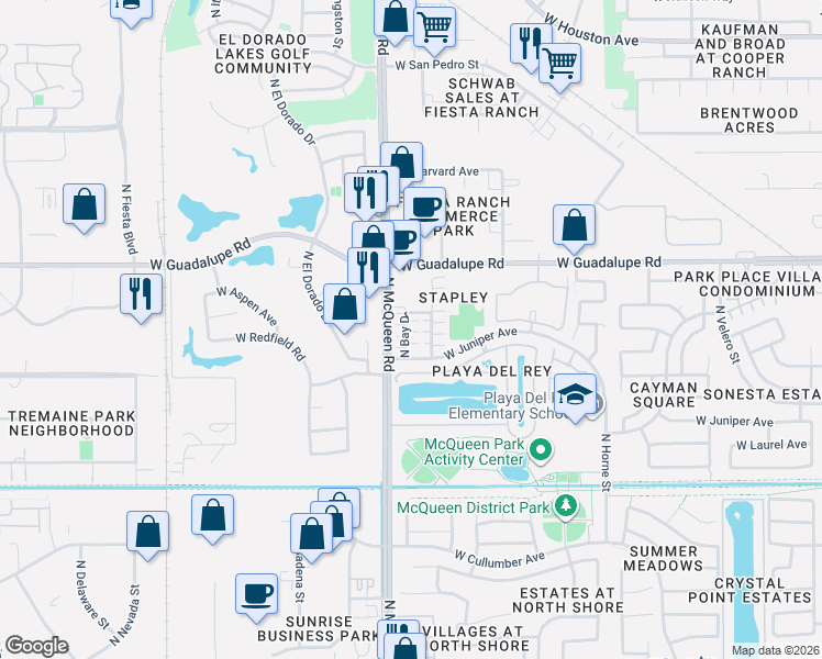 map of restaurants, bars, coffee shops, grocery stores, and more near 665 Bay Drive in Gilbert