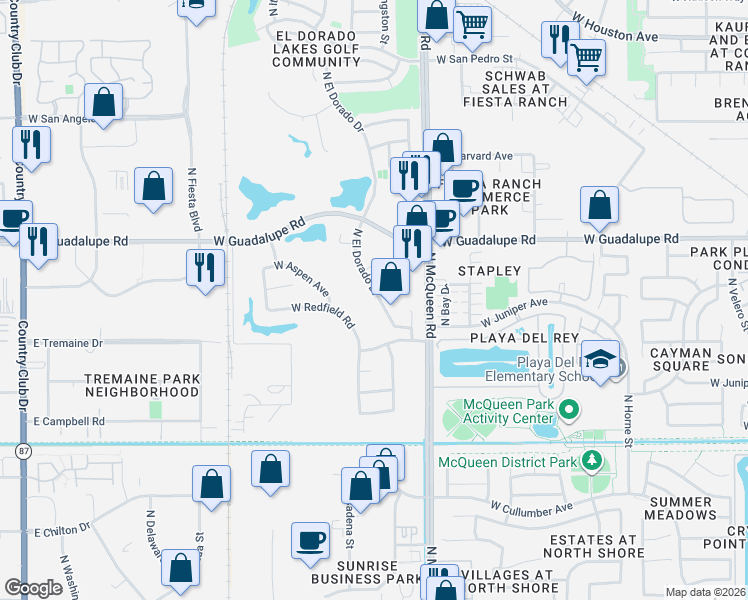 map of restaurants, bars, coffee shops, grocery stores, and more near 648 North El Dorado Drive in Gilbert