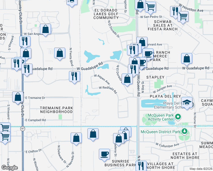 map of restaurants, bars, coffee shops, grocery stores, and more near 1847 West Redfield Road in Gilbert