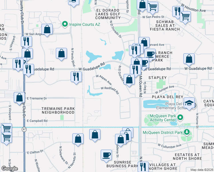 map of restaurants, bars, coffee shops, grocery stores, and more near 1847 West Redfield Road in Gilbert