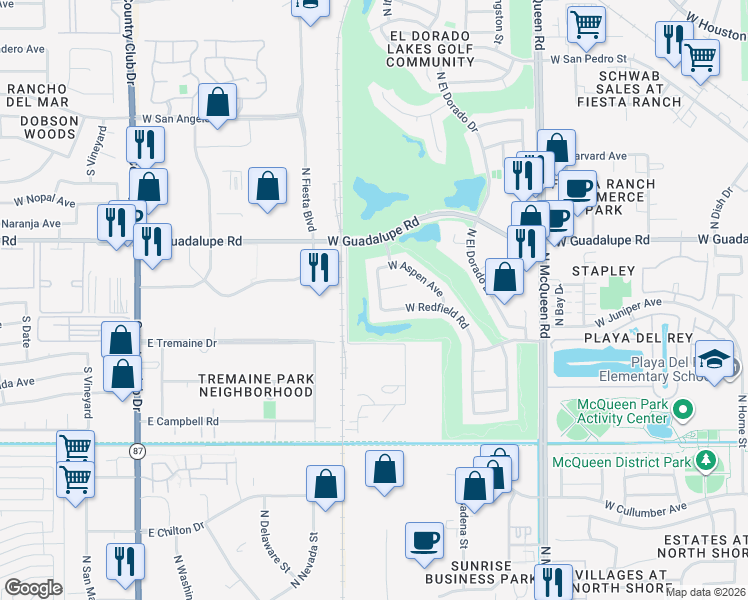 map of restaurants, bars, coffee shops, grocery stores, and more near 1907 West Redfield Road in Gilbert