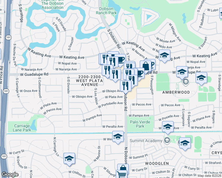 map of restaurants, bars, coffee shops, grocery stores, and more near 2106 West Plata Avenue in Mesa