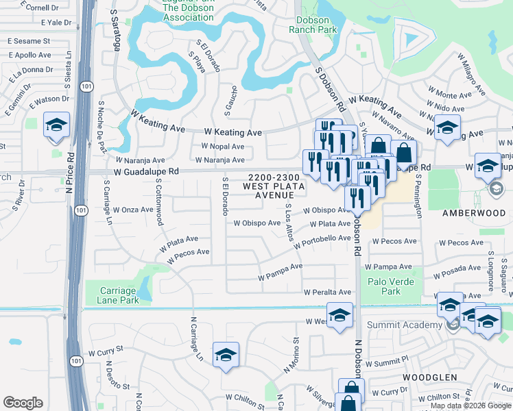 map of restaurants, bars, coffee shops, grocery stores, and more near 2312 West Obispo Avenue in Mesa
