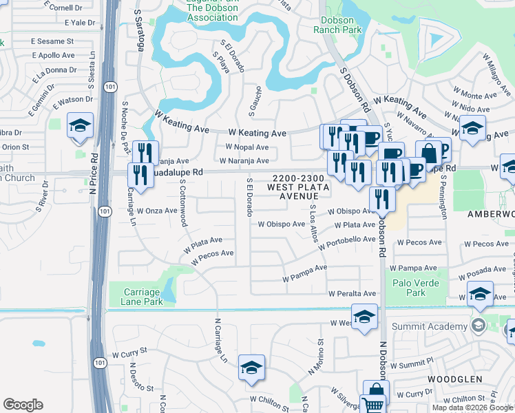 map of restaurants, bars, coffee shops, grocery stores, and more near 2926 South El Dorado in Mesa