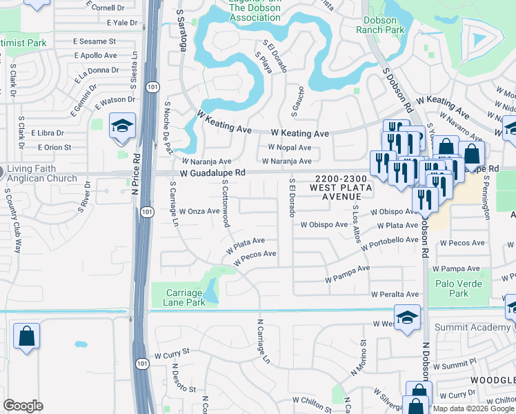map of restaurants, bars, coffee shops, grocery stores, and more near 2435 West Onza Avenue in Mesa