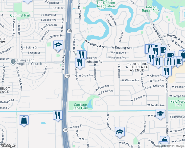 map of restaurants, bars, coffee shops, grocery stores, and more near 2921 South Estrella Circle in Mesa