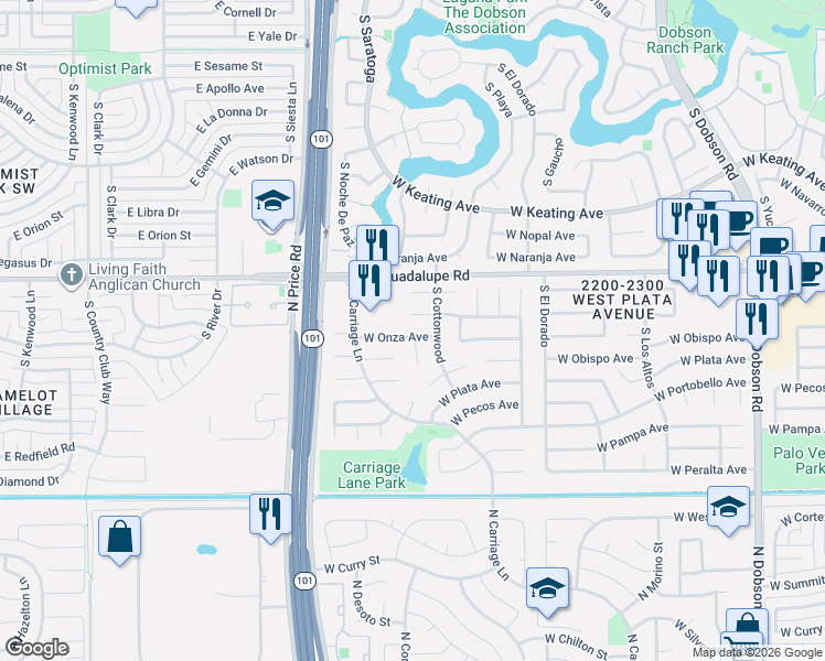 map of restaurants, bars, coffee shops, grocery stores, and more near 2921 South Estrella Circle in Mesa