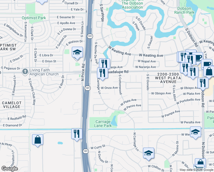 map of restaurants, bars, coffee shops, grocery stores, and more near 2636 West Ocaso Circle in Mesa