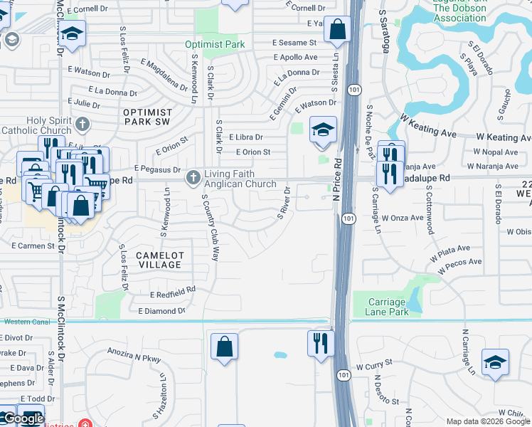 map of restaurants, bars, coffee shops, grocery stores, and more near 6650-6698 S River Dr in Tempe