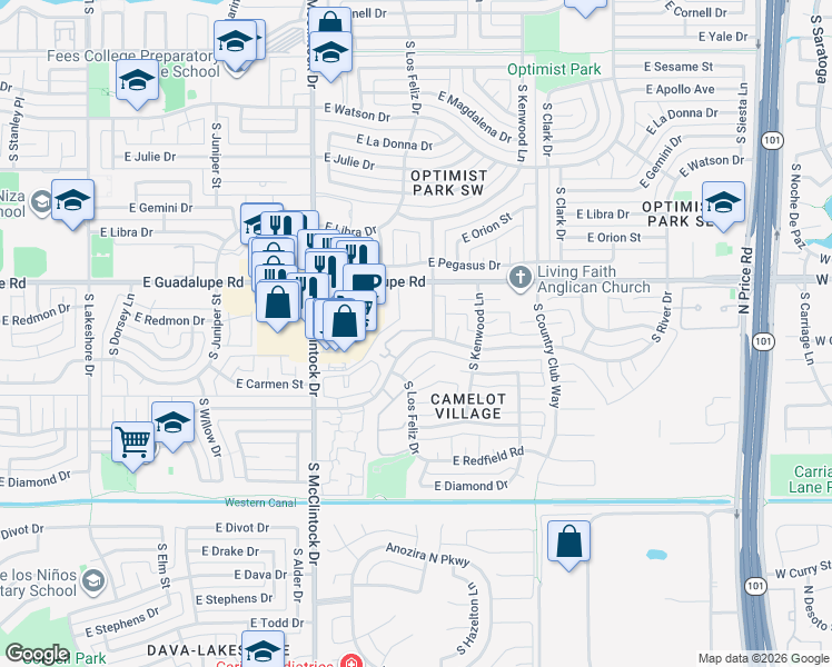 map of restaurants, bars, coffee shops, grocery stores, and more near 1885 East Vaughn Street in Tempe