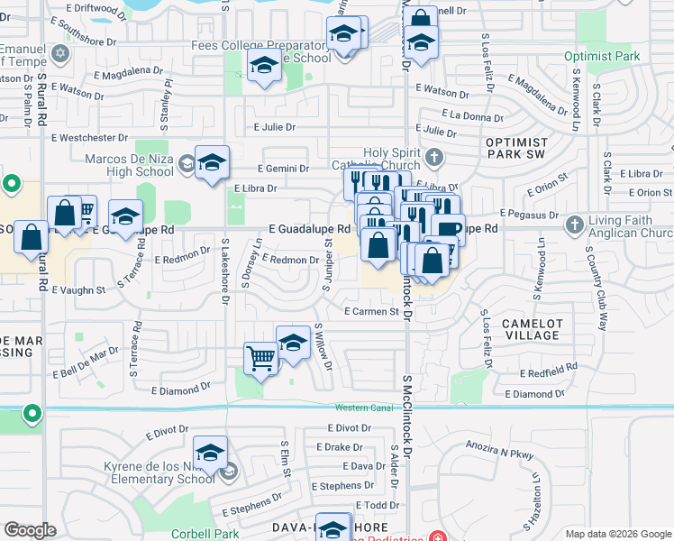 map of restaurants, bars, coffee shops, grocery stores, and more near 1501 East Vaughn Street in Tempe