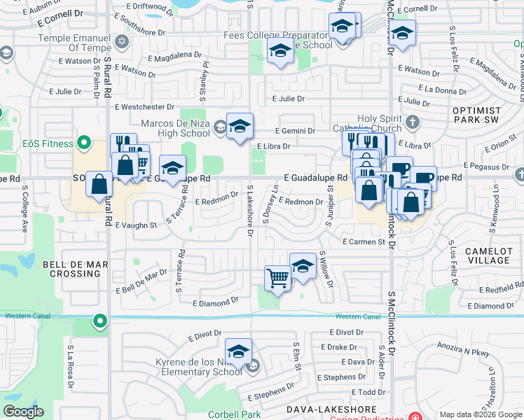 map of restaurants, bars, coffee shops, grocery stores, and more near 6621 South Lakeshore Drive in Tempe