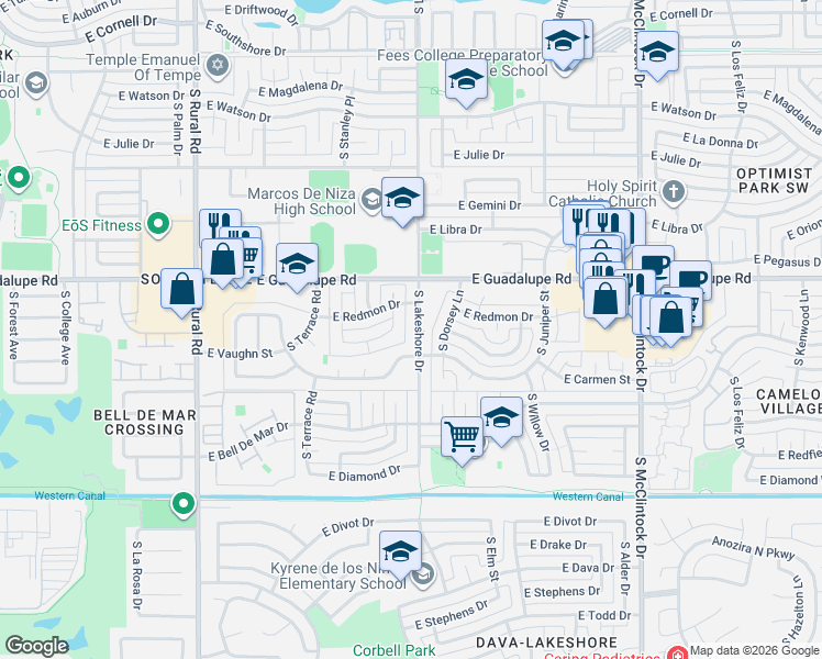 map of restaurants, bars, coffee shops, grocery stores, and more near 6621 South Lakeshore Drive in Tempe