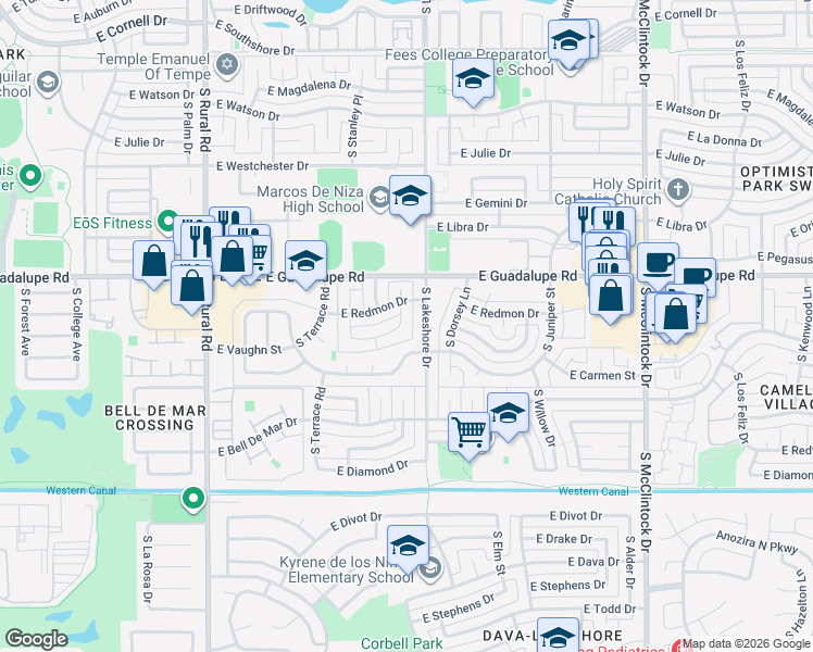 map of restaurants, bars, coffee shops, grocery stores, and more near 1180 East Carmen Street in Tempe