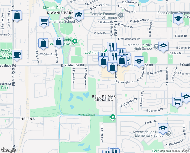 map of restaurants, bars, coffee shops, grocery stores, and more near 608 East Strahan Drive in Tempe