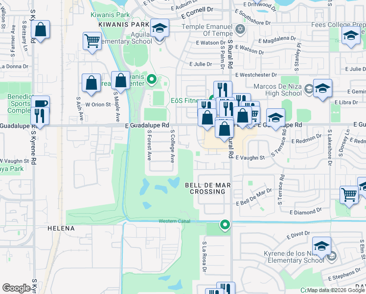 map of restaurants, bars, coffee shops, grocery stores, and more near 6603 South College Avenue in Tempe