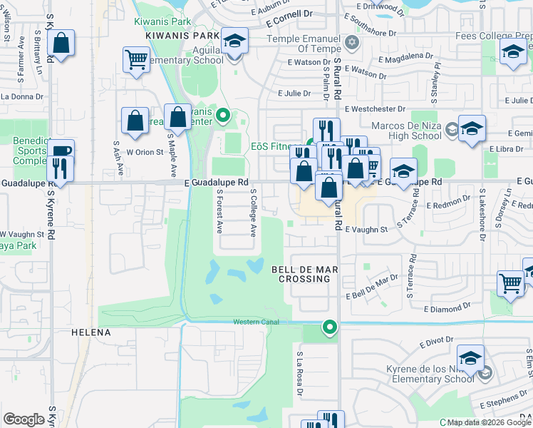 map of restaurants, bars, coffee shops, grocery stores, and more near 6603 South College Avenue in Tempe