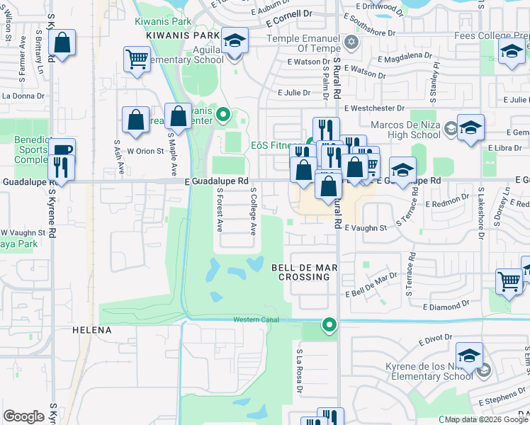 map of restaurants, bars, coffee shops, grocery stores, and more near 6603 South College Avenue in Tempe