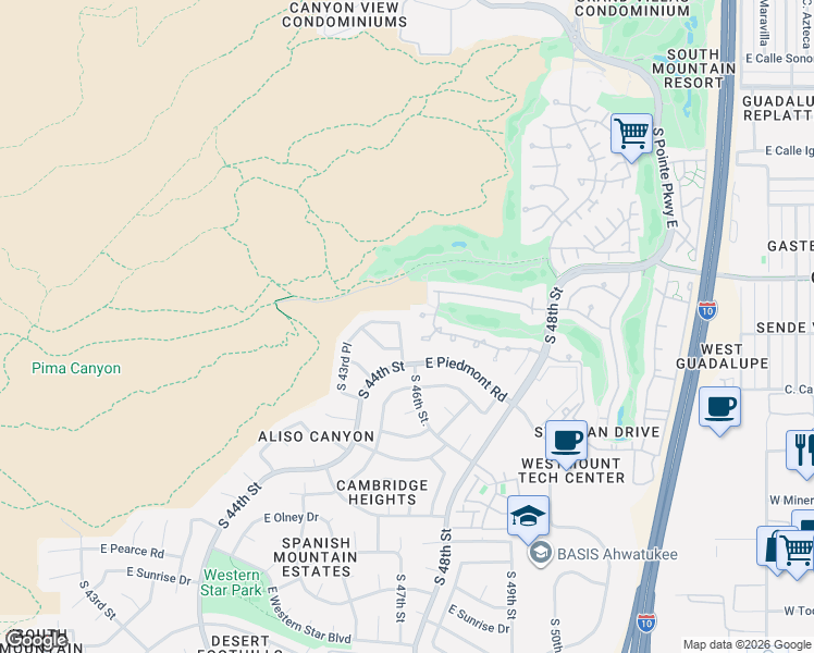 map of restaurants, bars, coffee shops, grocery stores, and more near 4510 East Monte Way in Phoenix