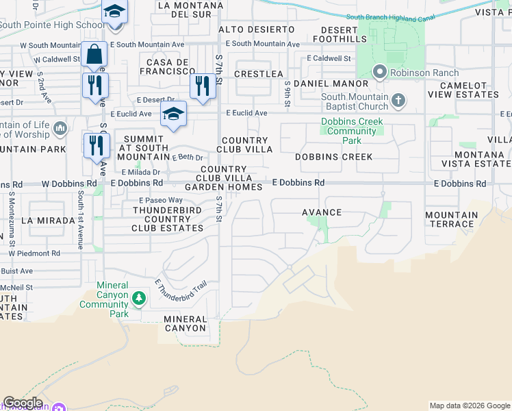 map of restaurants, bars, coffee shops, grocery stores, and more near 830 East Hopi Trail in Phoenix