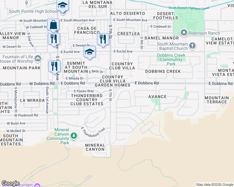 map of restaurants, bars, coffee shops, grocery stores, and more near 717 East Hopi Trail in Phoenix