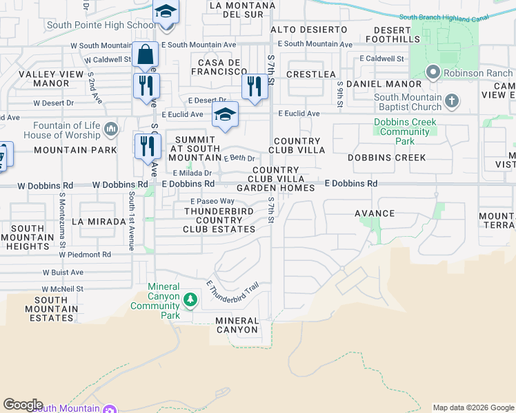 map of restaurants, bars, coffee shops, grocery stores, and more near 539 East Monte Way in Phoenix