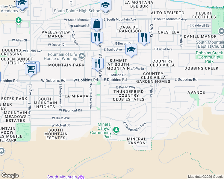map of restaurants, bars, coffee shops, grocery stores, and more near 121 East La Mirada Drive in Phoenix