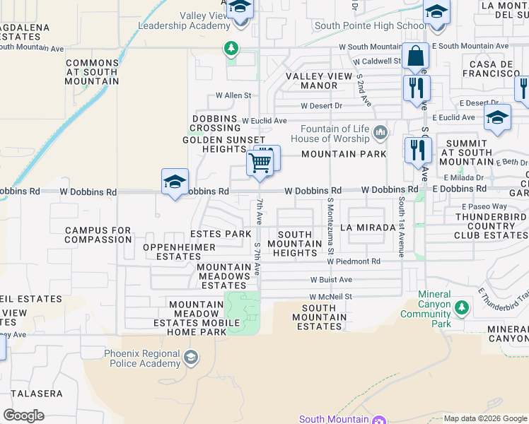 map of restaurants, bars, coffee shops, grocery stores, and more near 9245 South 7th Avenue in Phoenix