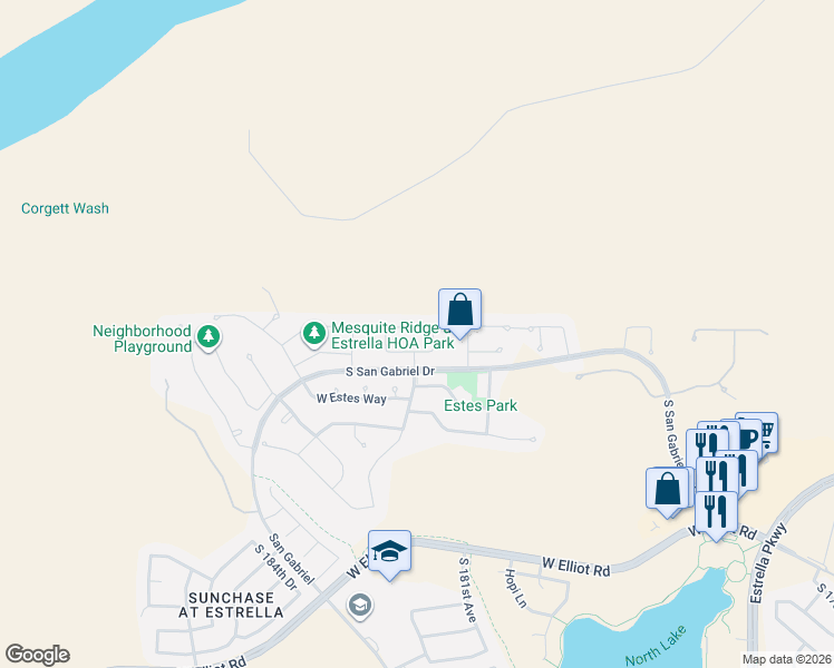 map of restaurants, bars, coffee shops, grocery stores, and more near 18237 West La Mirada Drive in Goodyear