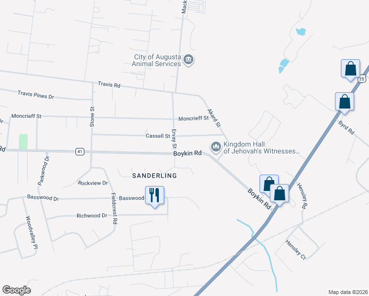 map of restaurants, bars, coffee shops, grocery stores, and more near 2114 Boykin Road in Augusta