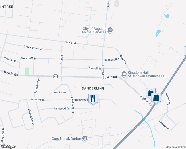 map of restaurants, bars, coffee shops, grocery stores, and more near 2210 Boykin Road in Augusta