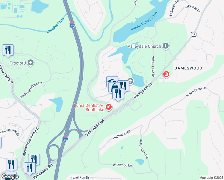 map of restaurants, bars, coffee shops, grocery stores, and more near 128 Southlake Lane in Birmingham