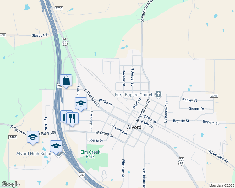 map of restaurants, bars, coffee shops, grocery stores, and more near 406 West Elm Street in Alvord
