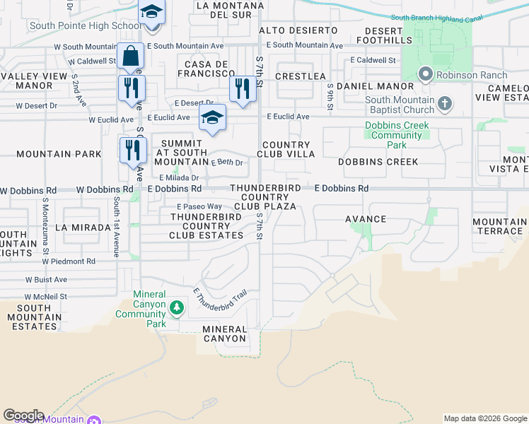 map of restaurants, bars, coffee shops, grocery stores, and more near 9228 South Las Lomitas Street in Phoenix