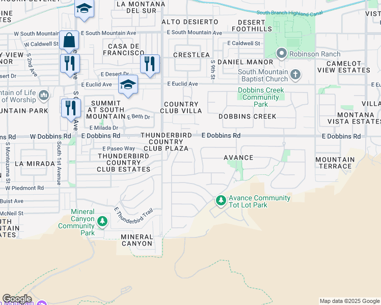 map of restaurants, bars, coffee shops, grocery stores, and more near 825 East Paseo Way in Phoenix
