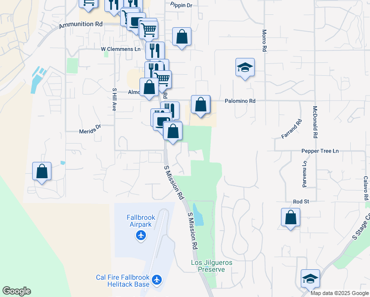 map of restaurants, bars, coffee shops, grocery stores, and more near 1714 Woodlark Lane in Fallbrook