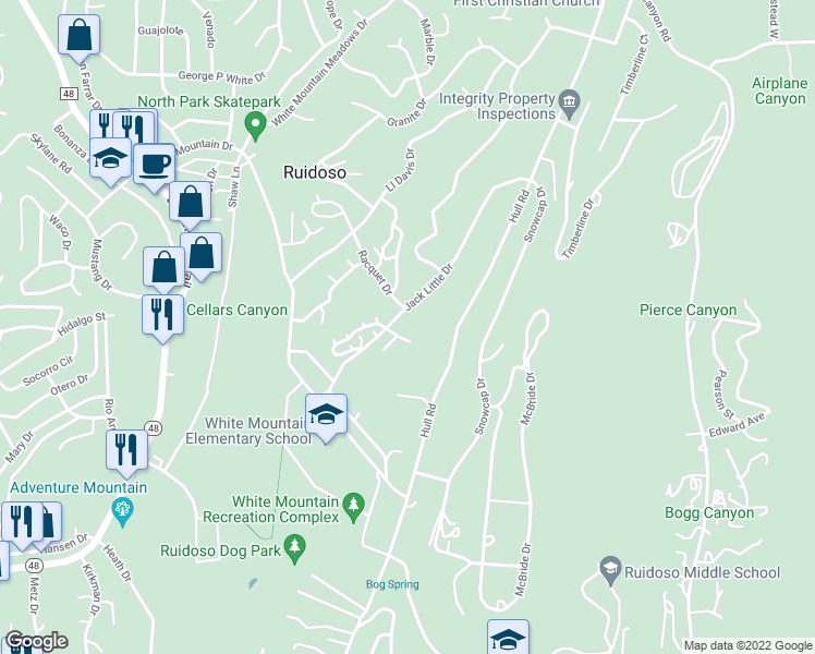 map of restaurants, bars, coffee shops, grocery stores, and more near 108 Jack Little Drive in Ruidoso