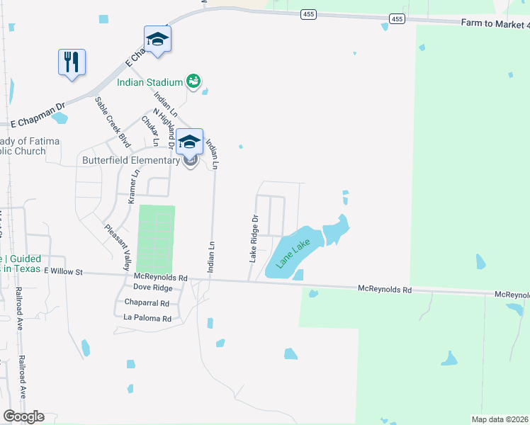 map of restaurants, bars, coffee shops, grocery stores, and more near 3015 Lake Side Drive in Sanger