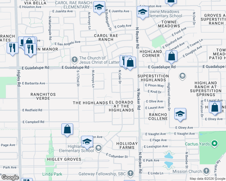 map of restaurants, bars, coffee shops, grocery stores, and more near 3843 East Kroll Drive in Gilbert
