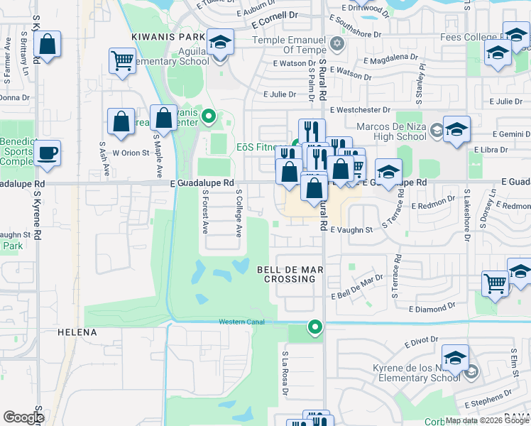 map of restaurants, bars, coffee shops, grocery stores, and more near 608 East Strahan Drive in Tempe