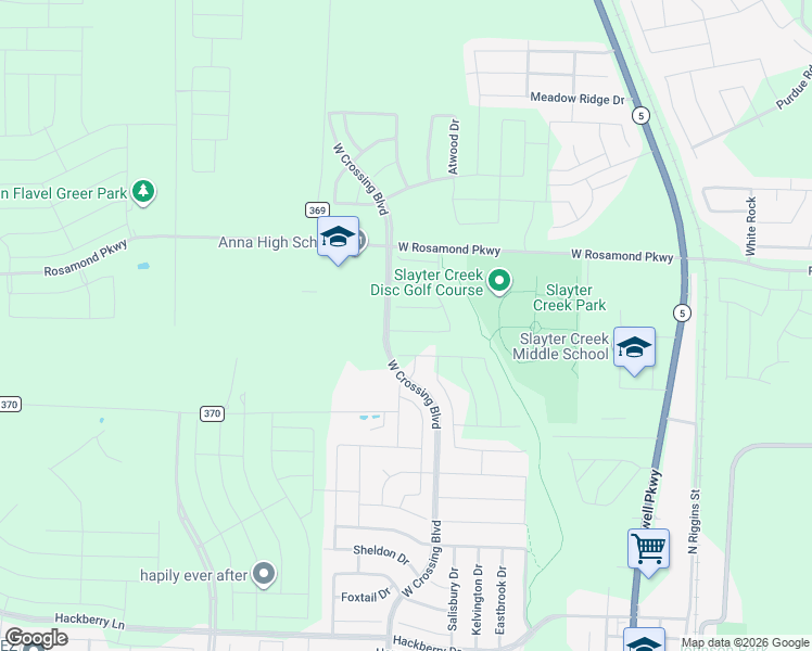 map of restaurants, bars, coffee shops, grocery stores, and more near West Crossing Boulevard in Anna