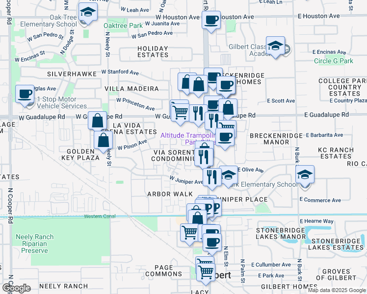 map of restaurants, bars, coffee shops, grocery stores, and more near 199 West Olive Avenue in Gilbert
