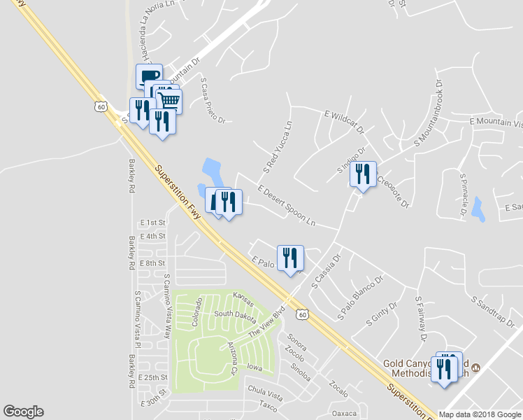 map of restaurants, bars, coffee shops, grocery stores, and more near 7147 East Texas Ebony Drive in Gold Canyon
