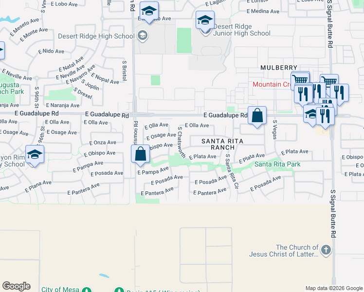 map of restaurants, bars, coffee shops, grocery stores, and more near 2938 South Chatsworth in Mesa