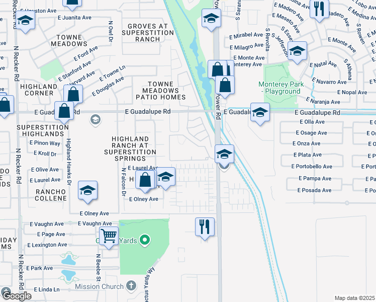 map of restaurants, bars, coffee shops, grocery stores, and more near 4690 East Laurel Avenue in Gilbert