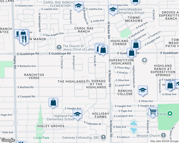 map of restaurants, bars, coffee shops, grocery stores, and more near 3843 East Kroll Drive in Gilbert